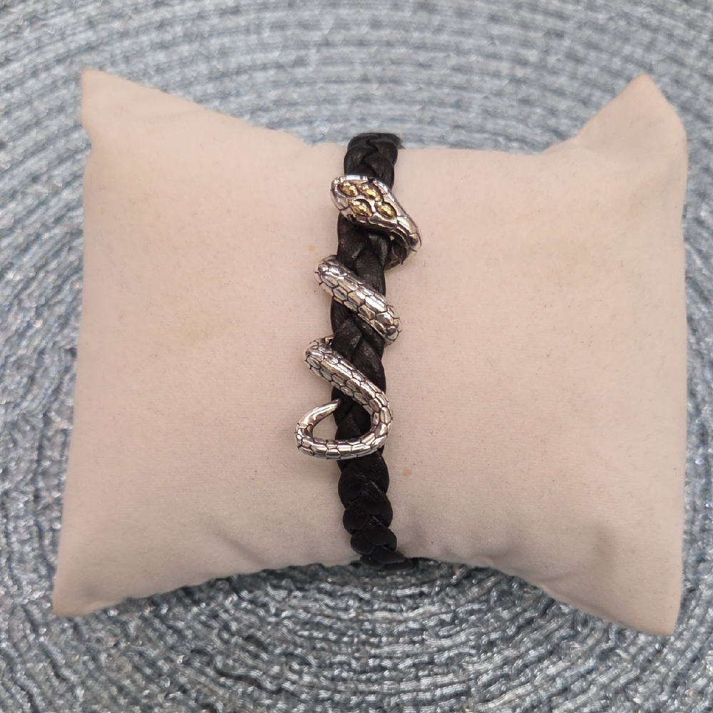 John Hardy Black Braided Leather Bracelet with Silver Snake Accent